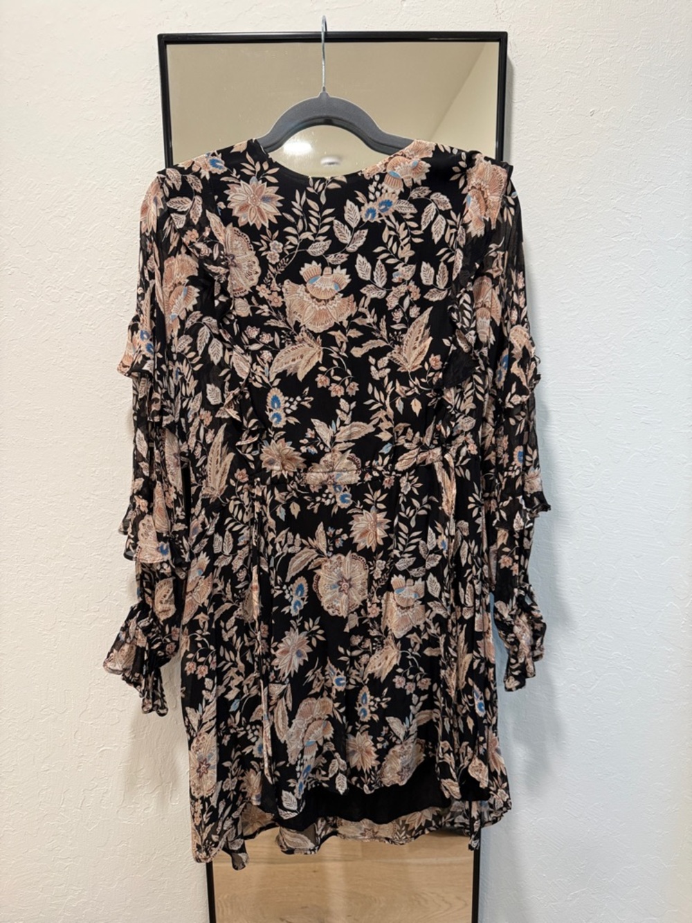 Sezane Black Floral Ruffle-Sleeve Tunic with Beige and Blue Accents